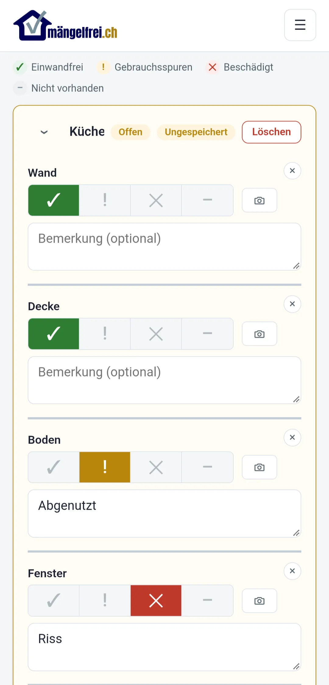 Die mängelfrei.ch-App auf dem Smartphone: Checkliste der Küche, Zustand von Wand, Decke, Boden und Fenster per Fingertipp als einwandfrei, Gebrauchsspuren oder beschädigt festhalten, mit Bemerkung und Foto